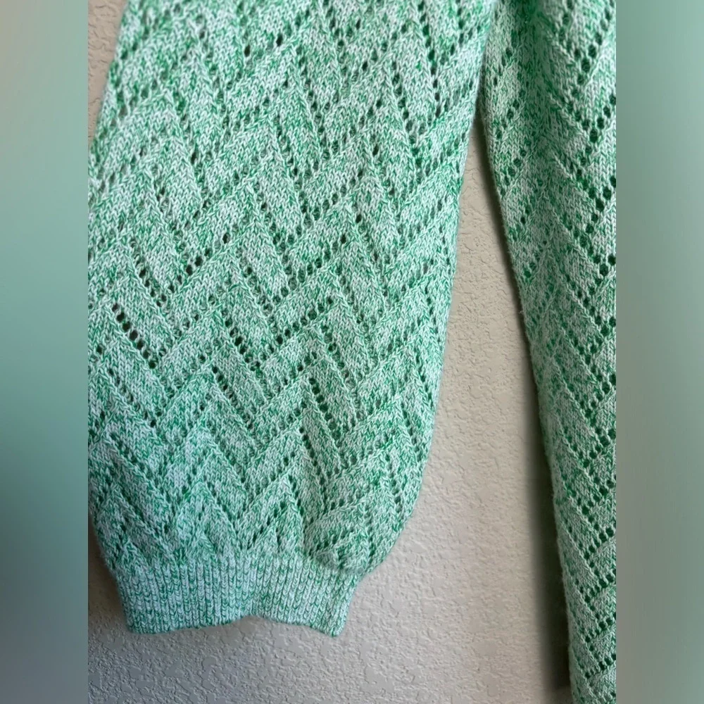 Talbots Linen Blend Pointelle Crewneck Sweater in Marled Green and White M